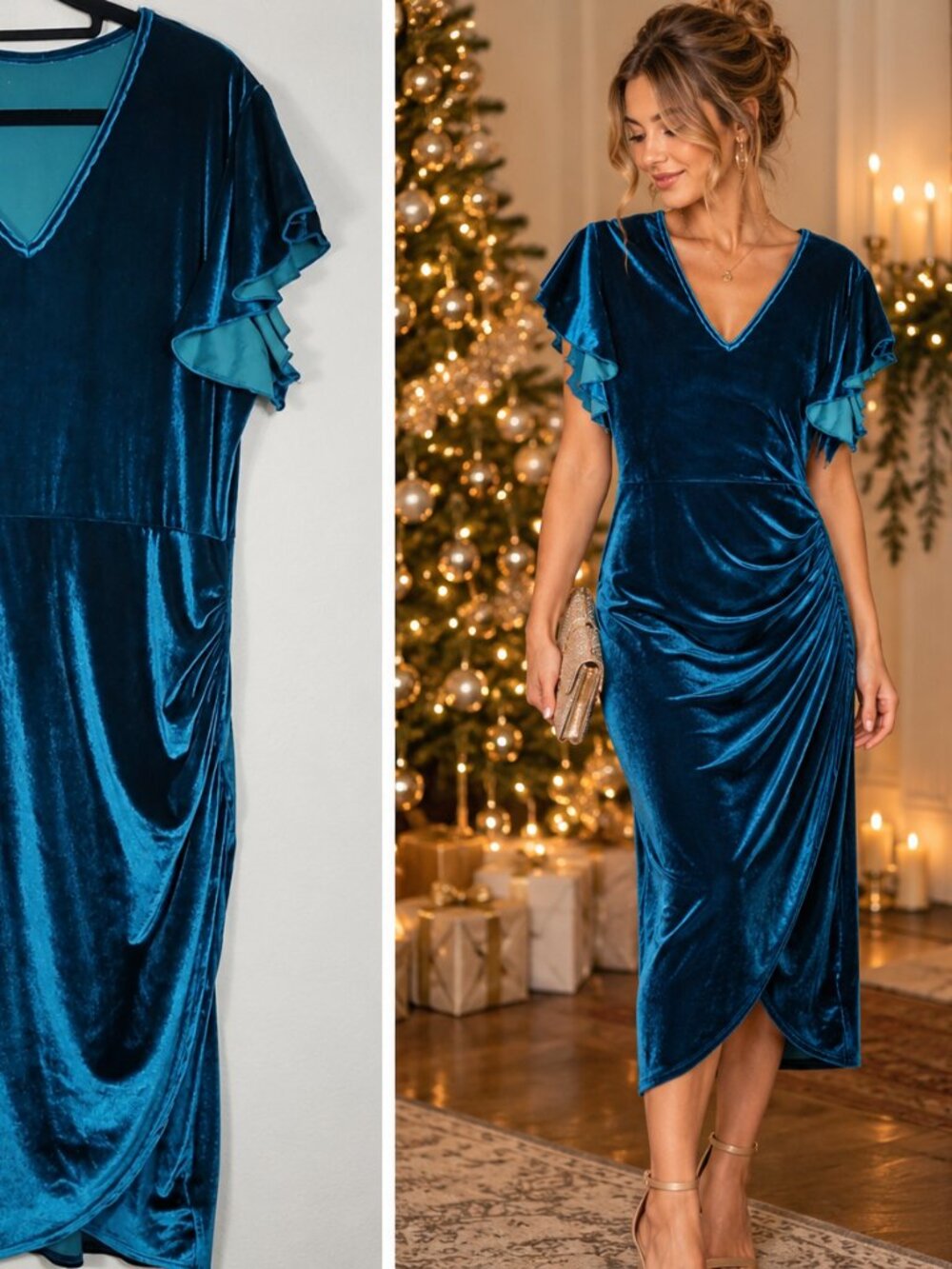 NWOT Zaful Teal Blue Velvet Midi Dress Large Flutter Sleeve Holiday Whimsigoth
